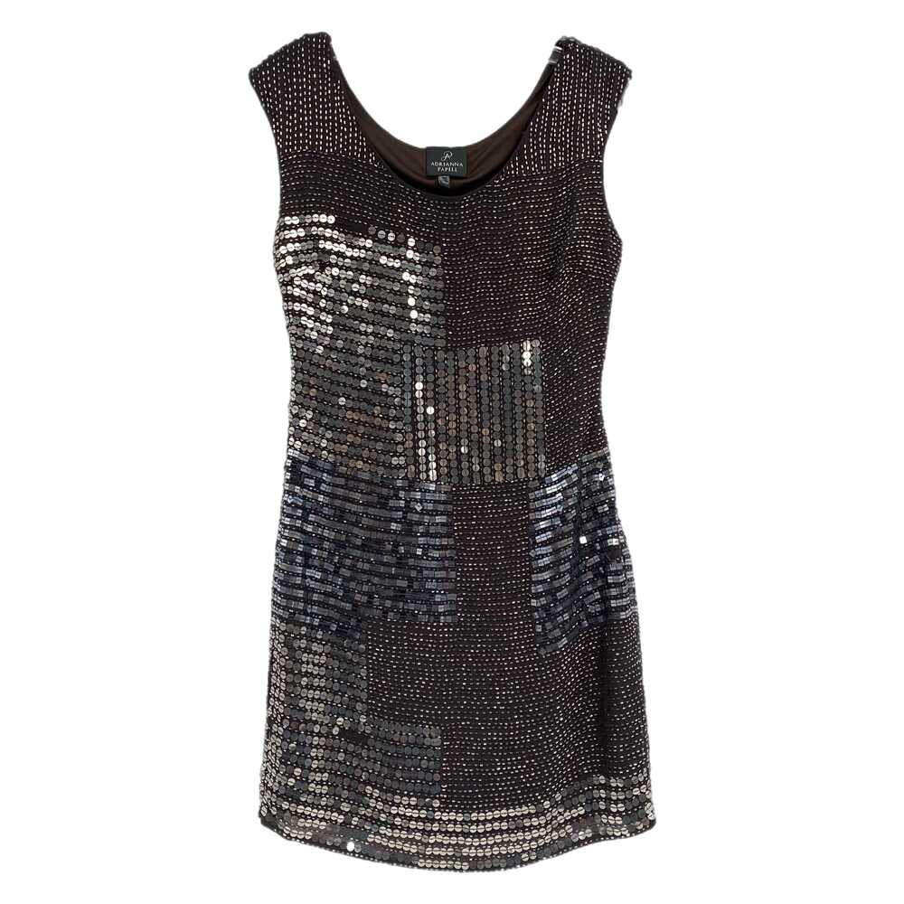 Adrianna Papell Brown Silver Mini Dress Beaded Sequin Short Sleeve Zip Womens 4